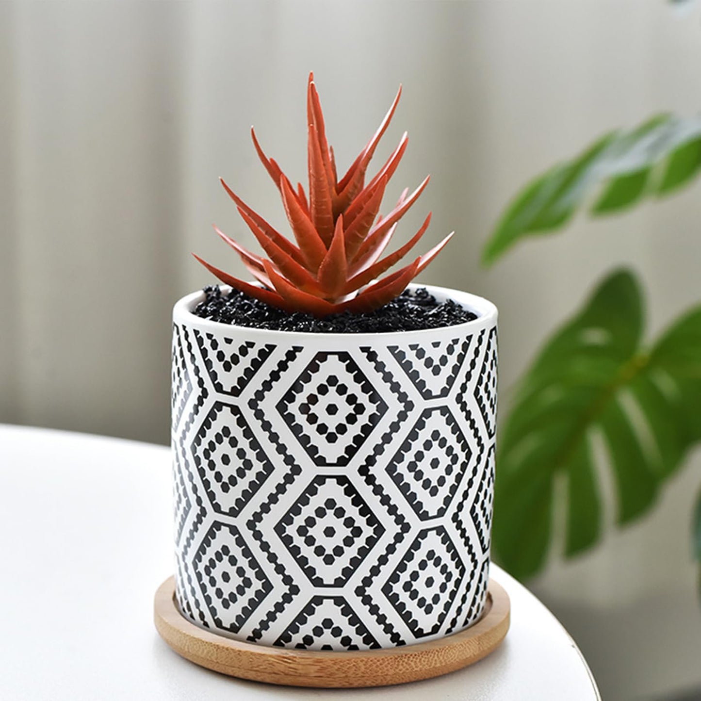 Succulent Pots, 3.5 Inch Small Succulent Planters with Drainage for Plants Live, Hand-Painted Ceramic Pot Flower Pots Bonsai Pots with Bamboo Tray, Unique Gifts for Women/Men, 4 Pack (Geometry-2)