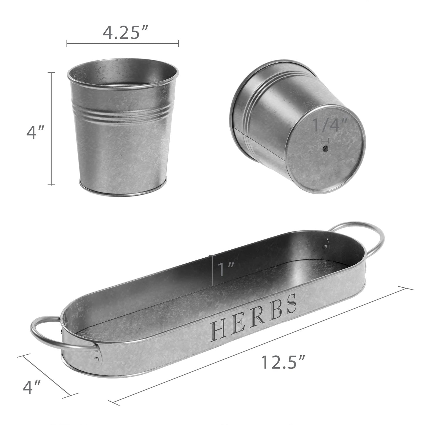 Barnyard Designs Indoor Herb Garden Planter Set with Tray, Metal Windowsill Plant Pots with Drainage for Outdoor or Indoor Plants, Set/3 (Galvanized)