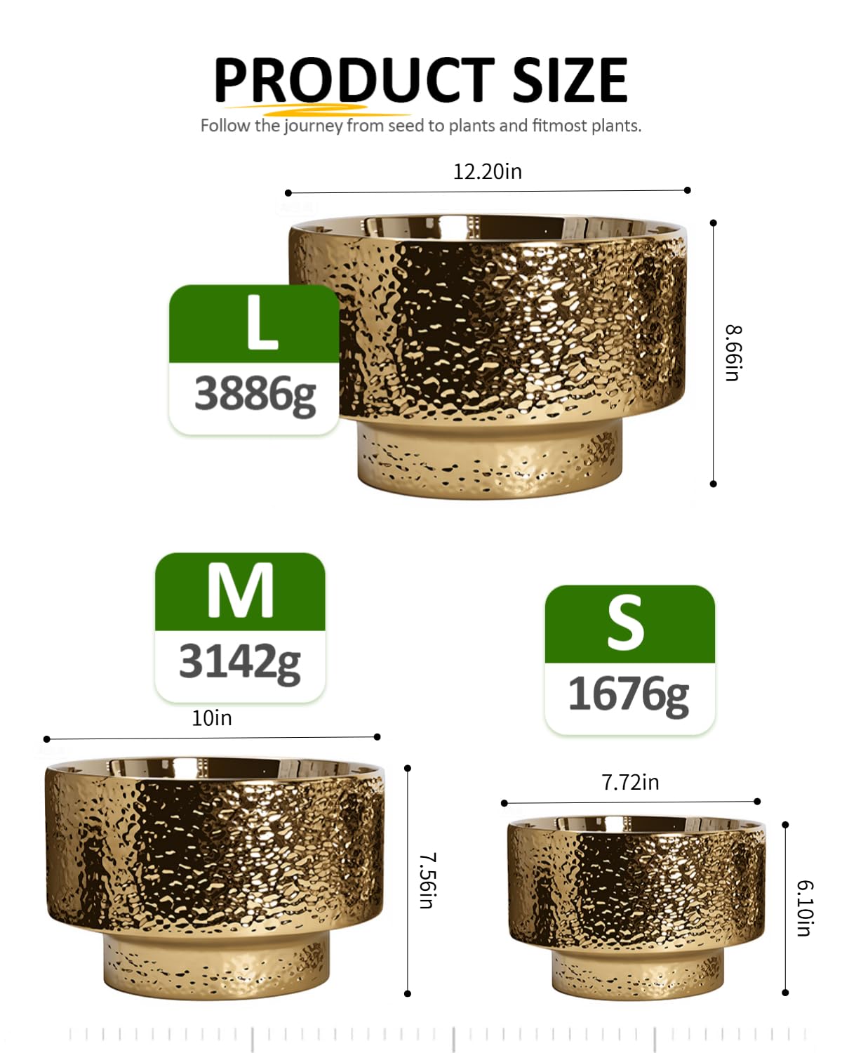 OXART Large Plant Pot, 12.2+10+7.7 inch Pots for Plants, Set of 3, Ceramic Planter with Drainage, Gold Indoor Flower Pots with Hole Mesh Pad, Gifts for Mom, Ideal for Home Office Decor, Overgild