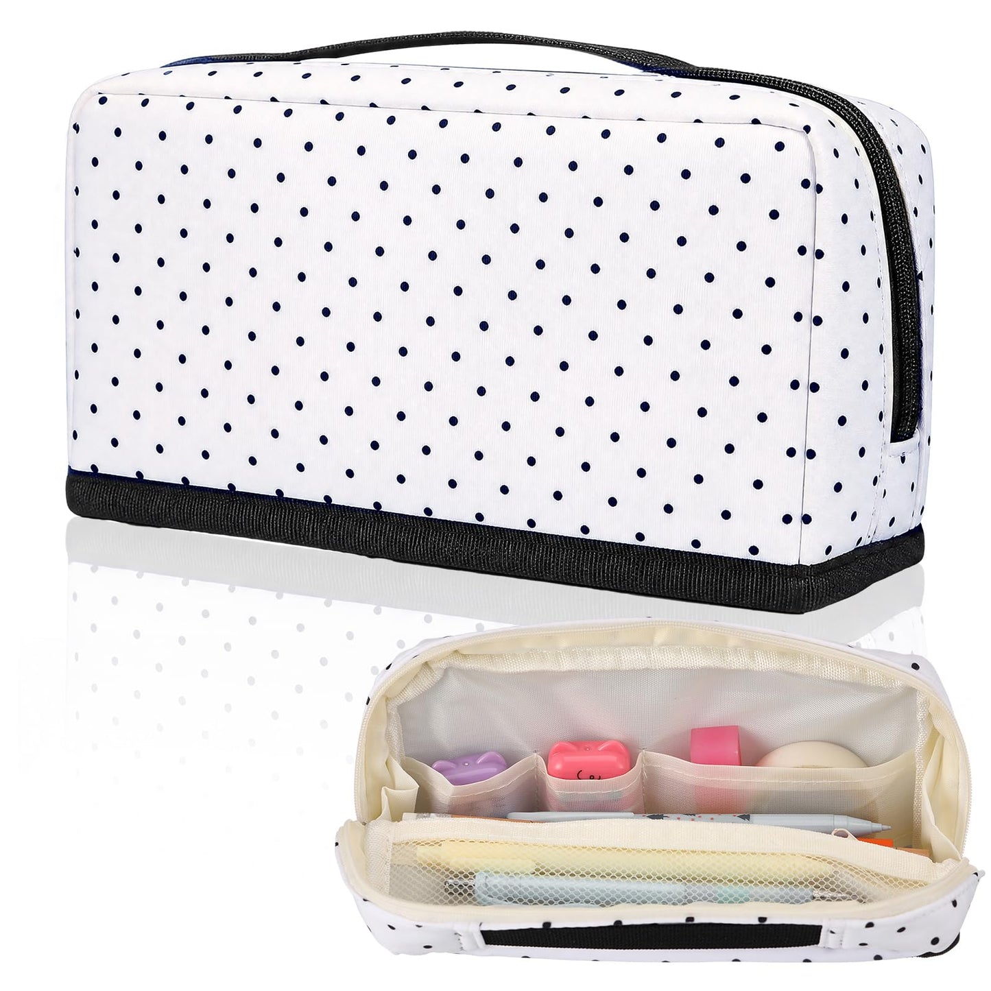 Gueevin Large Capacity Pencil Case Polka Dot Pen Pouch with Multiple Compartments Foldable Portable Pencil Case Black White Stationery Organizer Bag for Adults(White)