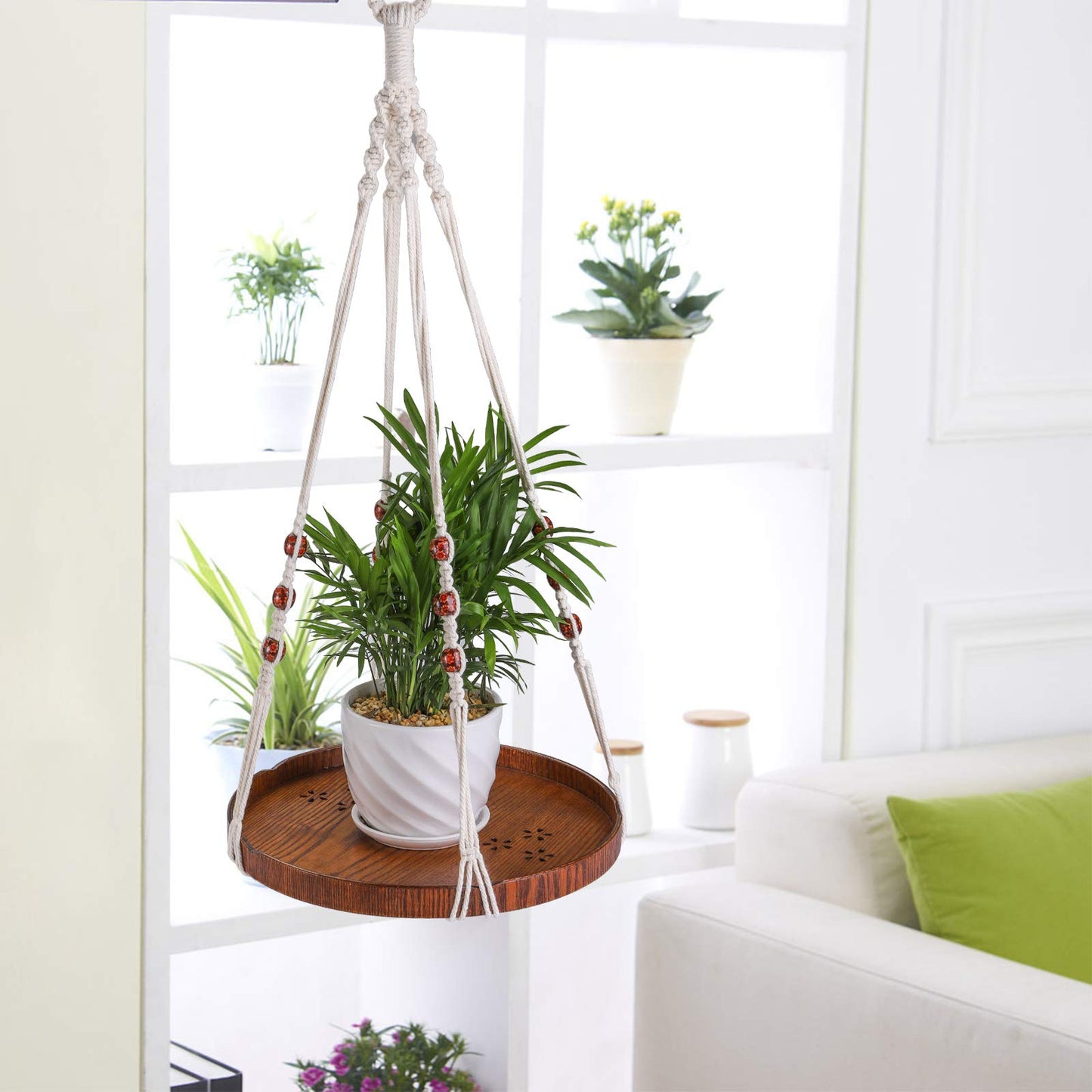 Hedume Macrame Plant Hanger with 2 Pack Ceiling Hooks, Indoor Outdoor Hanging Plant Holder with Large Tray for Succulents, Cacti, Small Plants, Boho Bohemian Home Decor with Wood Beads