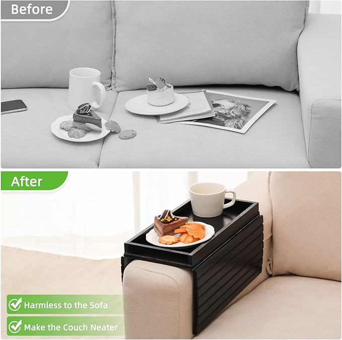 GEHE Bamboo Sofa Arm Tray, Foldable Couch Arm Tray Side Table, Anti-Falling