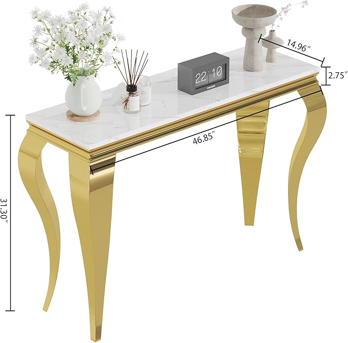 Henf 47" Marble Console Table Entryway Table Modern White Faux Marble Accent