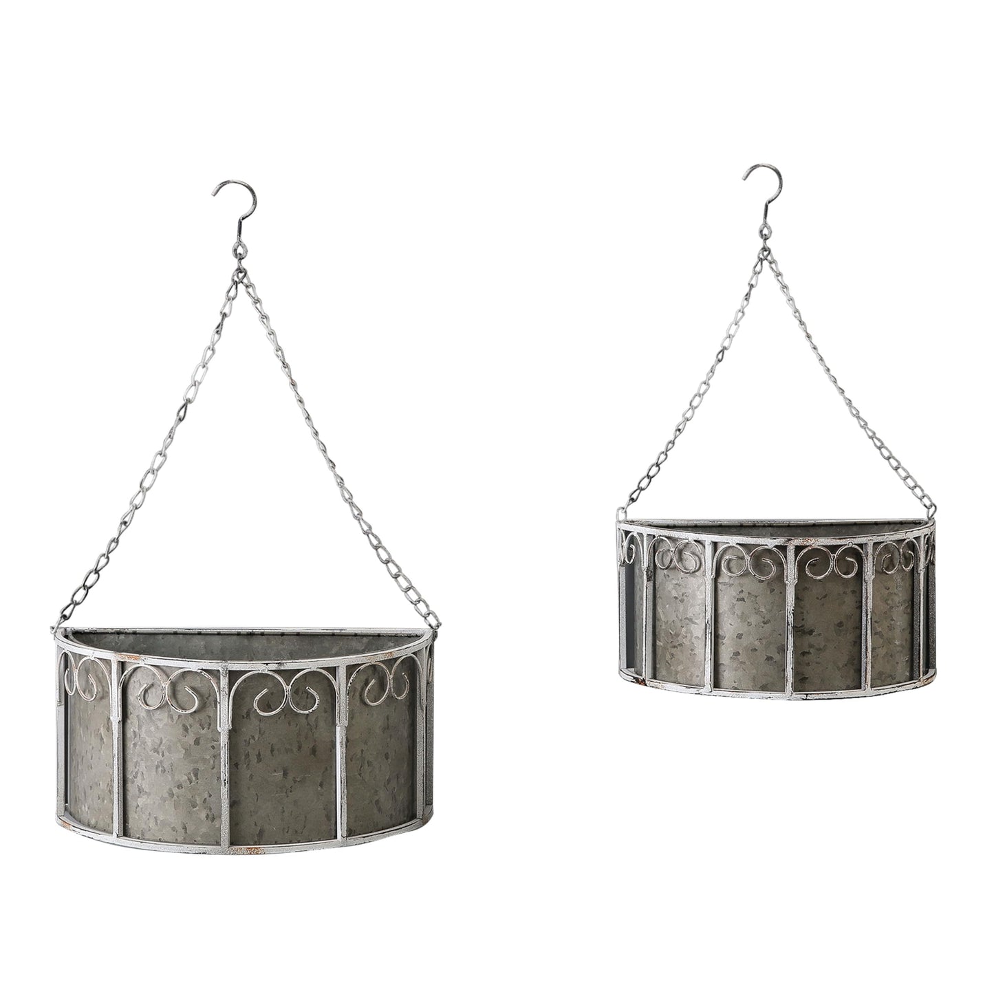 SOFE Farmhouse Galvanized Metal Hanging Planter Basket Set of 2, Unique Hanging Plant Pot Indoor Outdoor, 14 Inch/12inch Flower Pots Holder with Chain Hook, Home Garden Patio Decor
