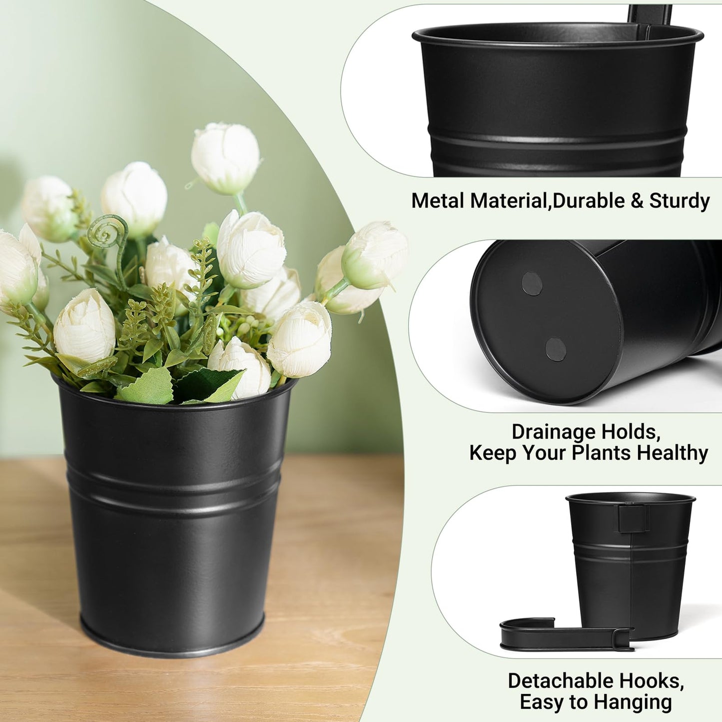 Dahey 10 Pcs 3.8 Inches Small Hanging Flower Pots Metal Iron Bucket Planter for Railing Fence Balcony Garden Home Decoration Flower Holders with Detachable Hooks, Black