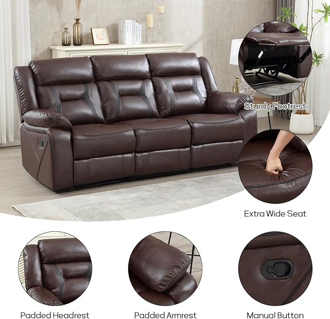 EBELLO Manual Recliner Sofa Set, Faux Leather Reclining Living Room Furniture