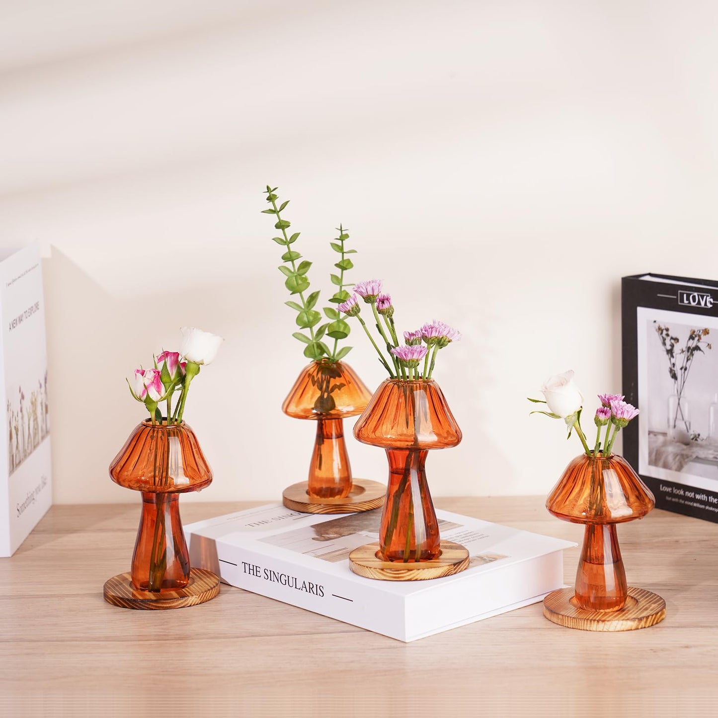 NiHome Mushroom Glass Planter with Wooden Base Set of 4, Cute Indoor Greenery Plant Propagation Stations,High Borosilicate Glass Mushroom Gifts Vases for Flowers,Hydroponics & Home Decor (Brown)