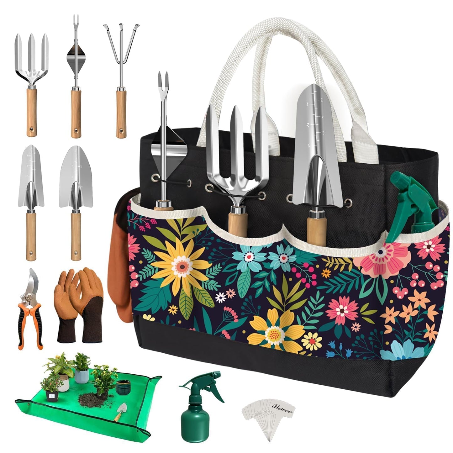 22Pcs Gardening Tools Set for Women Heavy Duty Garden Hand Tool Kit Birthday Gifts for Mom Her Wife Grandma Beginner Gardening Accessories with Tote Bag/Shovel/Repotting Mat/Plant Labels/Gloves-Black