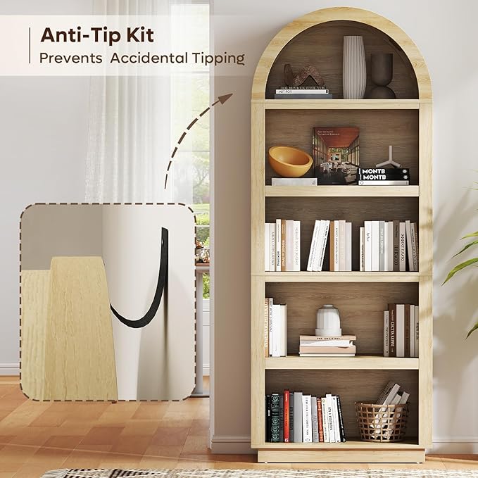 Bestier 76" Tall Arched Bookcase, 5 Tier Arched Bookshelf