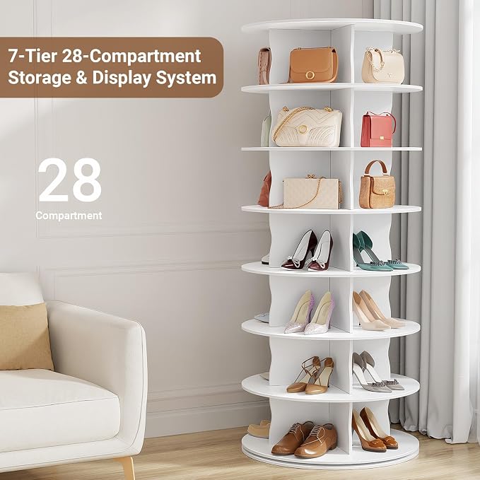 6-Tier Rotating Standing Shelf Unit with Dividers, 360° Storage Display Tower Vertical Floor Organizer, for Bedroom, Closet, Entryway & Office, Ideal for Shoes, Cosmetics & Handbags, White