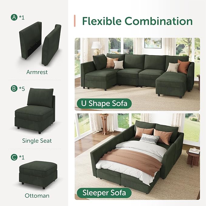HONBAY Modular Sectional Sleeper Sofa Green Couch L Shaped Sectional Sofa