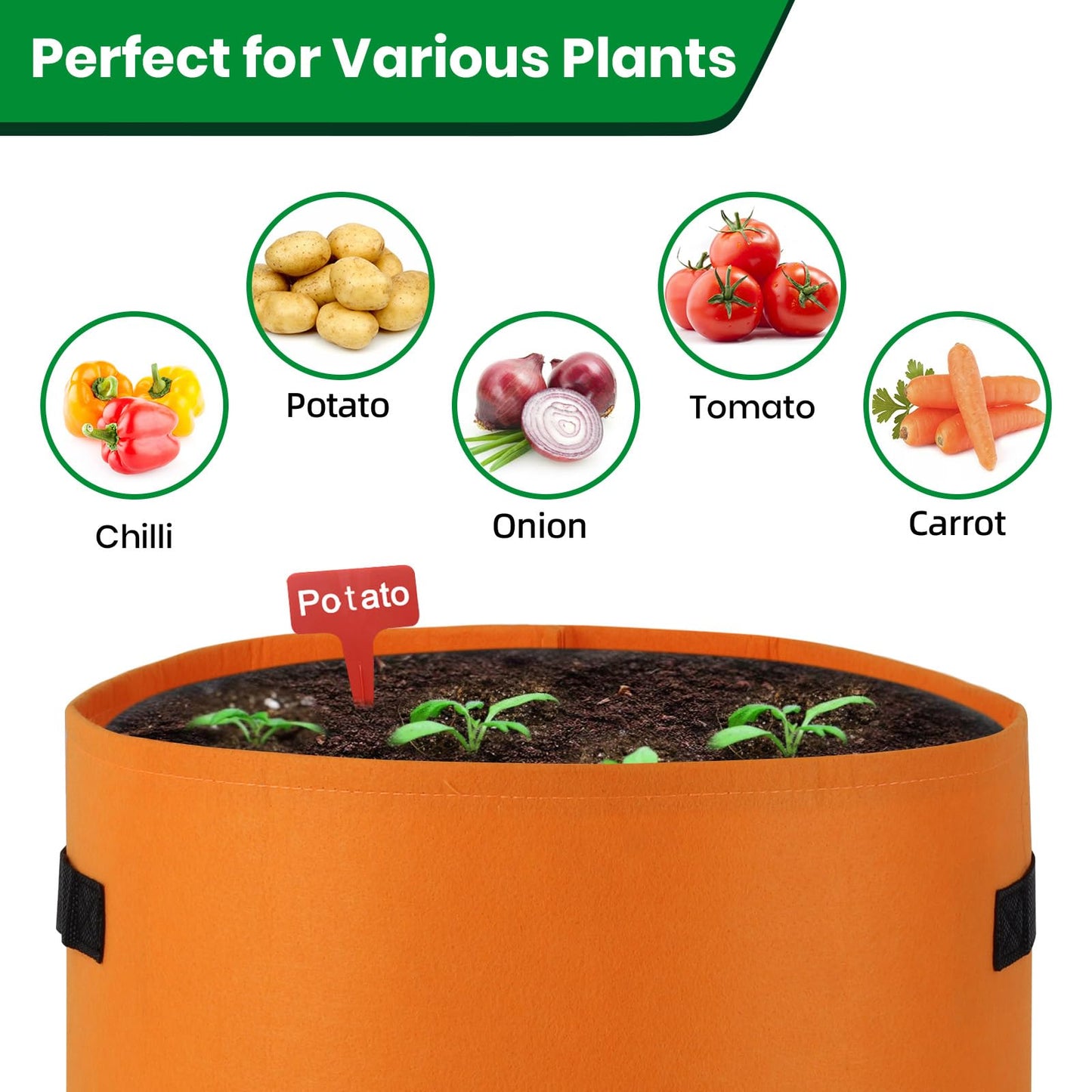 6 Pack Potato Grow Bags, 10 Gallon Planting Bags Large Fabric Pots with Flap Window Vegetable Planter Garden Pot Tall Potato Growing Containers with Handles for Vegetables, Fruits and More, Orange