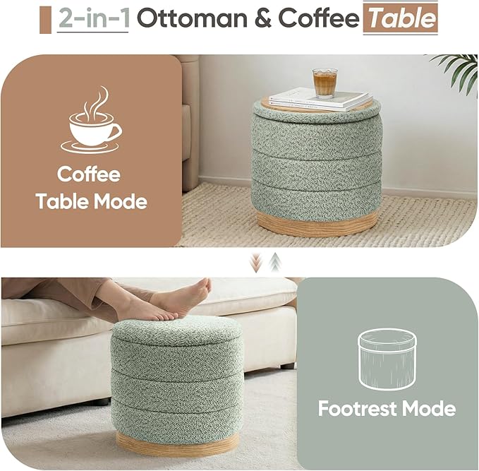 Round Storage Ottoman with Reversible Tray Lid, Folding Chenille Fabric