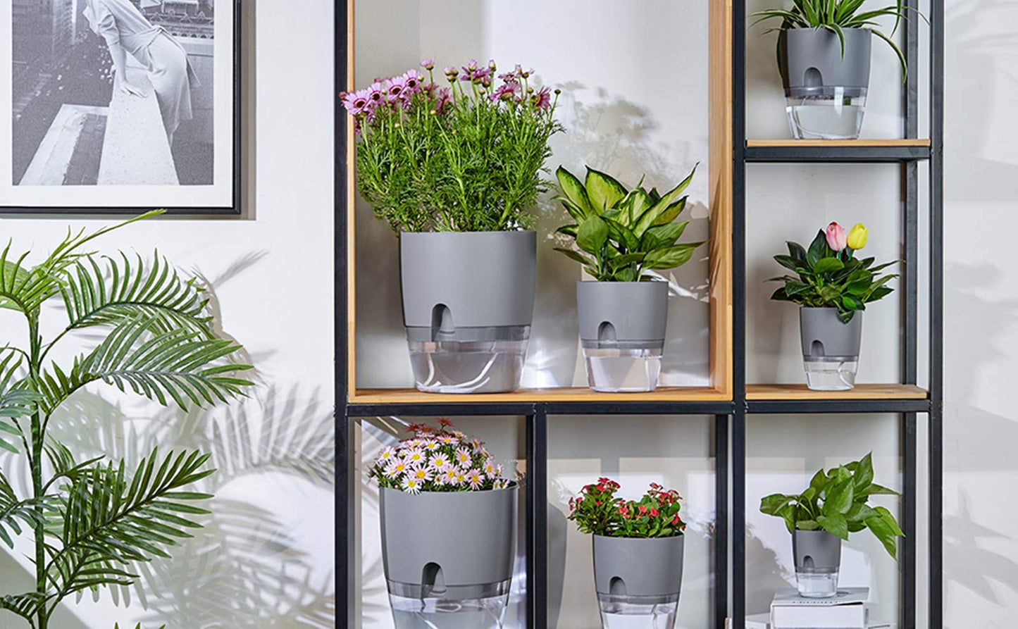 ETGLCOZY Self Watering Pots for Indoor Plants, 5 Pack 6/4.1/3.2 Inch Flower Pot Modern Decorative Plastic Planter with Extra Large Water Storage for All House Plants, Flowers, Herbs(White)
