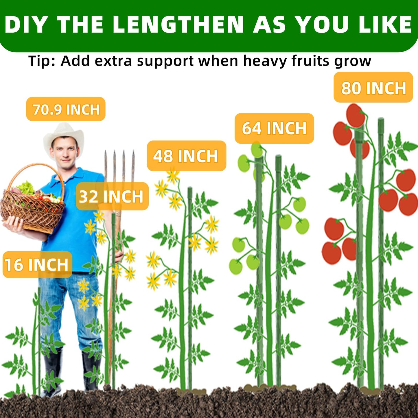 Fabulas Garden Stakes 16 Inch 70 Pack, Diy 4ft 5ft 6ft 7ft 8ft Tomato Stakes Plastic Coated Metal Plant Sticks Stakes Supports with 40 Connectors 30 Rotatable Clips for Indoor Outdoor Plants Vegetable
