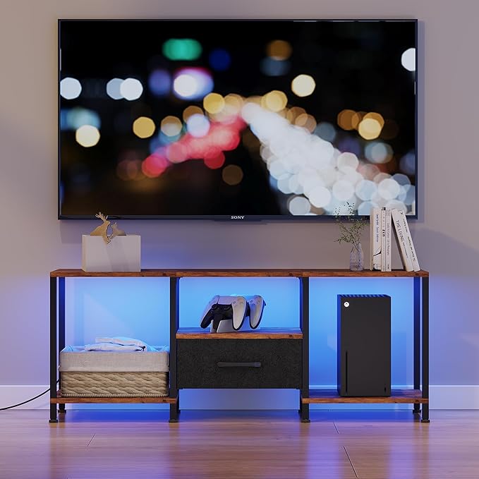 JARHETUN TV Stand with LED Lights, Entertainment Center with Open Shelves and