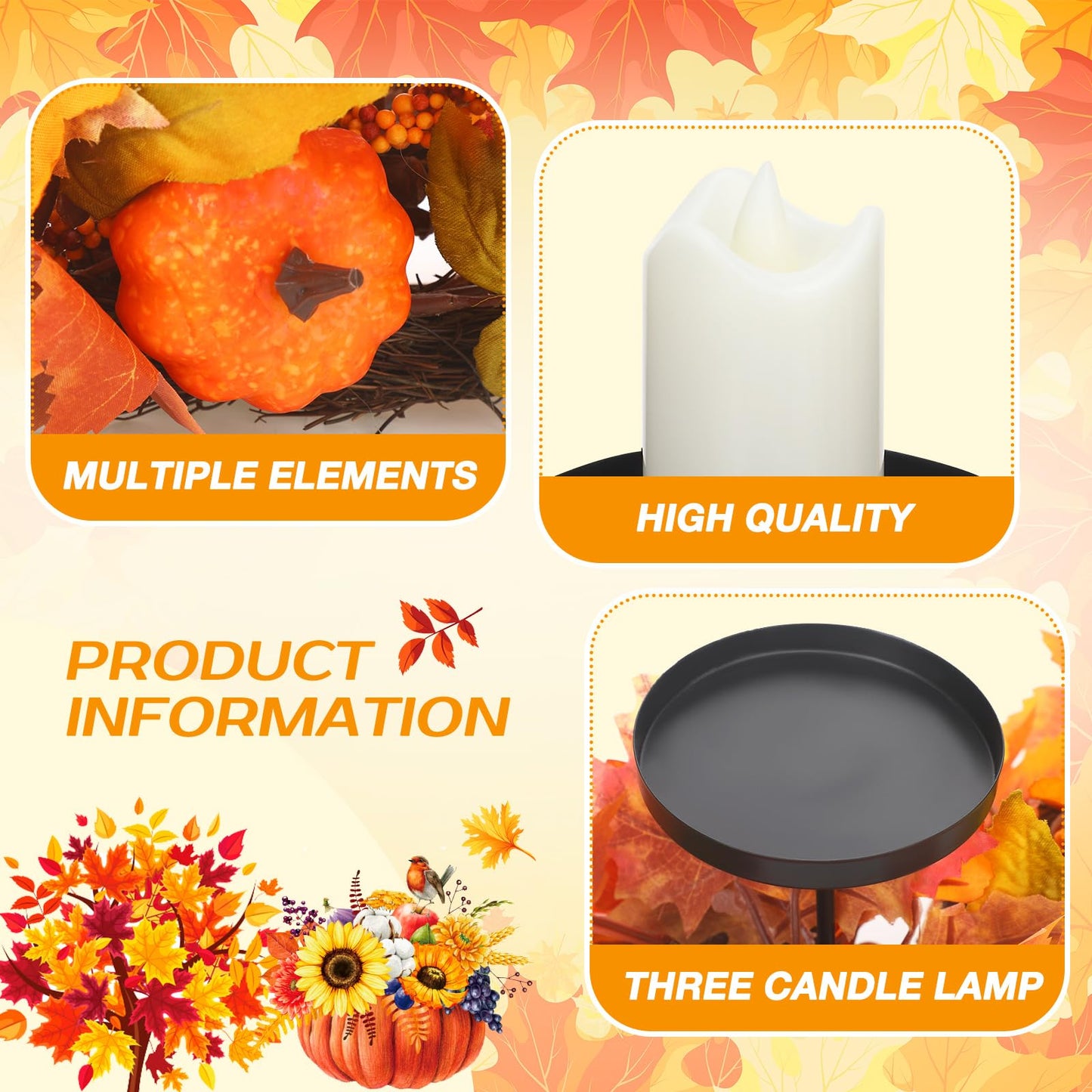 meekoo Fall Centerpiece Thanksgiving Table Decoration 3 Candle Holders Fall Harvest Decor with 3 LED Candles Autumn Pumpkin Maple Leaves Sunflower Centerpiece for Kitchen Fireplace Mantel