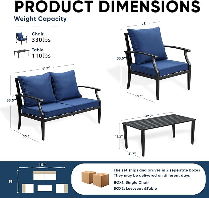 4 Piece Outdoor Patio Furniture Set, Oversized Metal Conversation Set