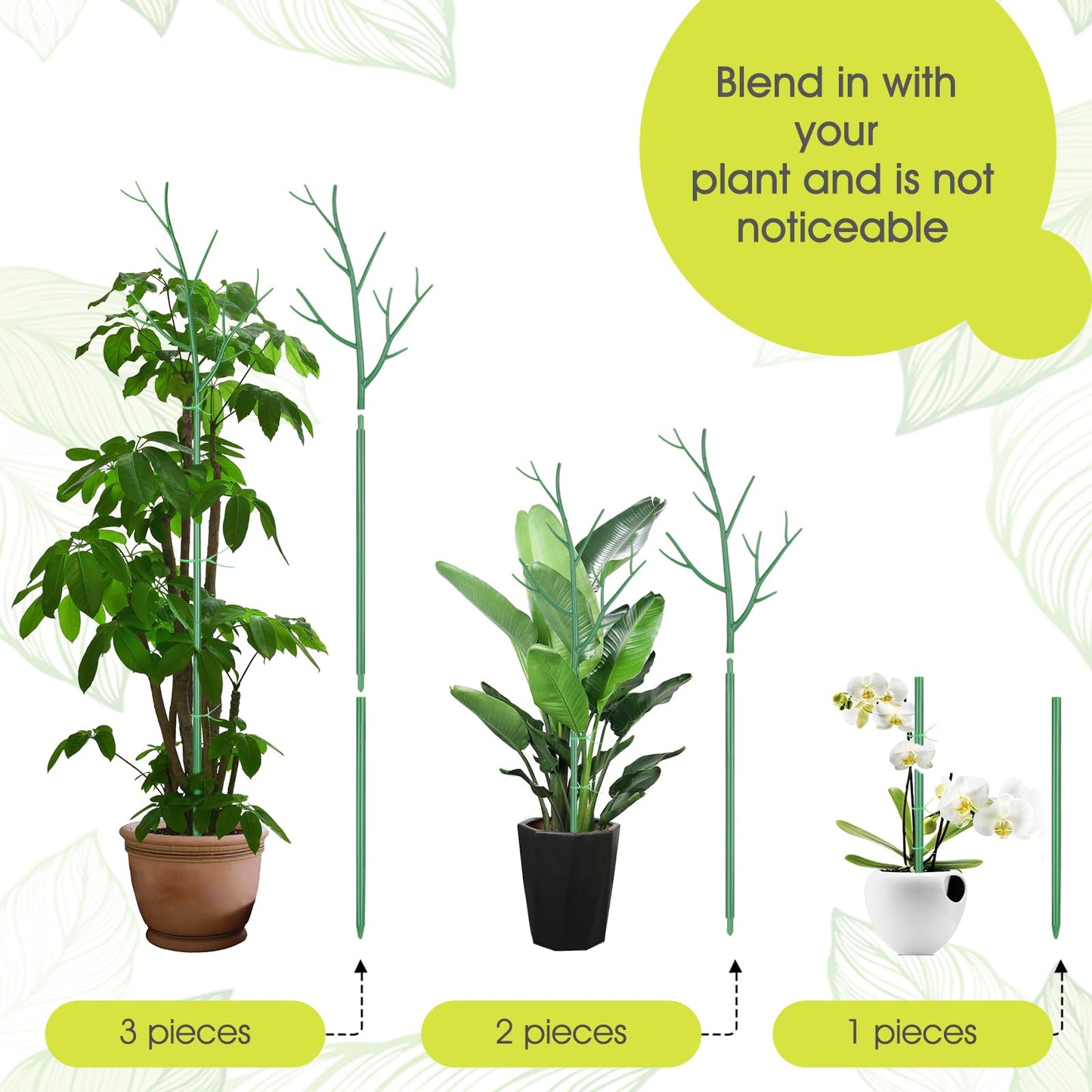 6 Pack Plant Support Stakes for Indoor Plants, 39.37 Inch Tall Twig Plant Sticks with Orchid Clips Twist Ties and Plant Ties for House Potted Monstera Plants Support, Green