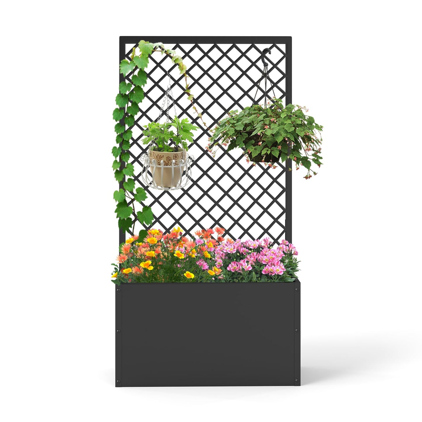 kinbor Planter with Trellis - Metal Planter Boxes Outdoor, Raised Garden Bed with Lattice Trellis for Climbing Plants, Black Flower Boxes Outdoor