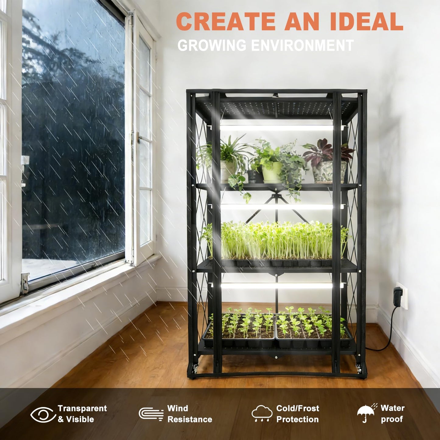 Nedechom Indoor Greenhouse with Grow Light, 4-Tier Foldable Metal Plant Shelf with Full Spectrum 6000K Growing Lamps and Tent, Mini Greenhouse Cabinet with Timer for Seed Starting (28.2"x14.2"x50")