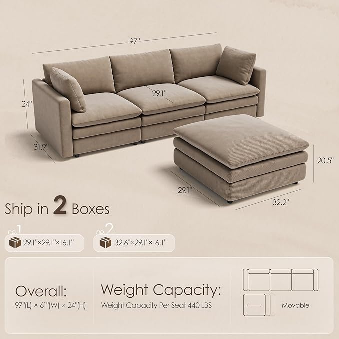 97" Cloud Couches for Living Room, 29.1" Deep Seat Modular Sectional Sofa