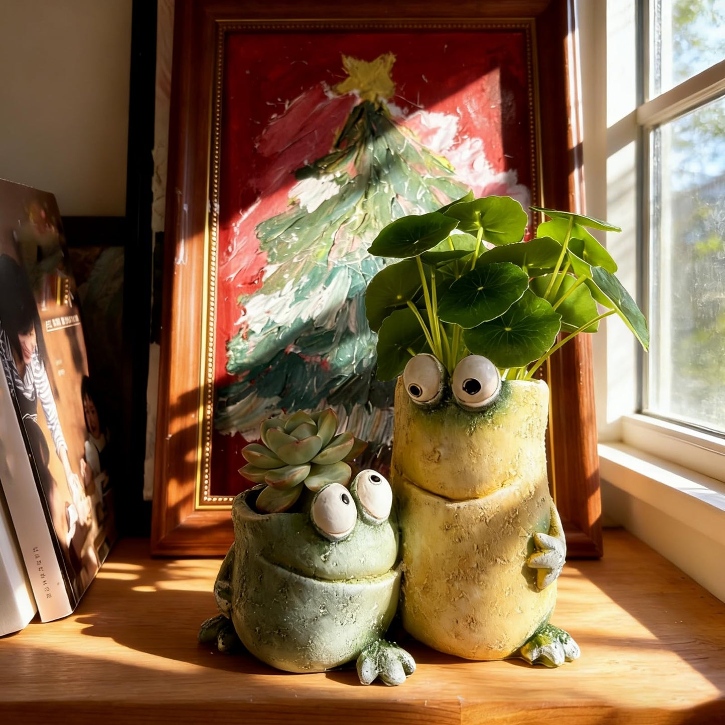 Cute Frog Planters,Funny Plant Pots with Dual Pots, Resin Funny Succulent Pots & Fun Planters for Indoor Windowsill Desk Office Decor, Gift for Plant Lovers