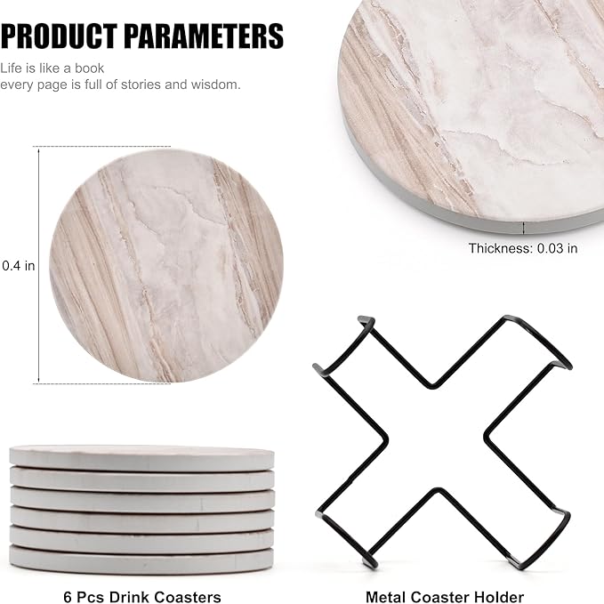 6Pcs Drink Coasters with Holder, Marble Style Ceramic Drink Coaster, Absorbent