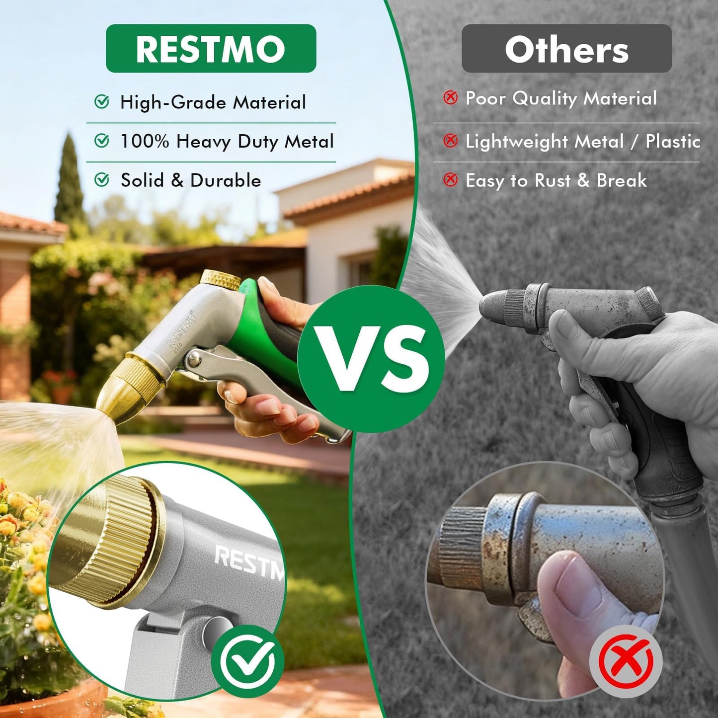 RESTMO Heavy Duty Metal Water Hose Nozzle, High Pressure Garden Hose Nozzle, Hose Sprayer Nozzle with Adjustable Spray Patterns for Garden Watering, Car Washing, Patio and Pet, Green