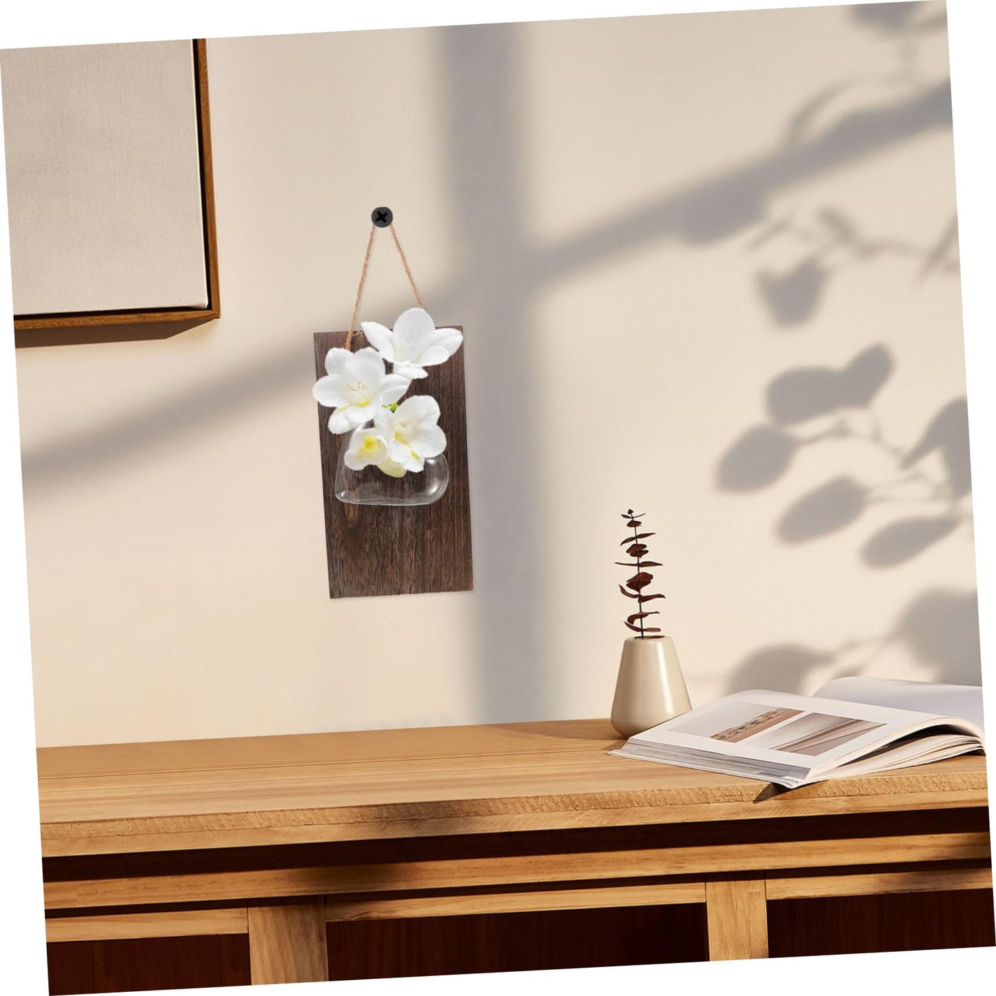 Anneome 1set Hydroponic Flower Vase Wooden Stand for Desktop Decor Wall Hanging Glass Planter for Indoor Plants for Home Office and Terrarium Arrangement