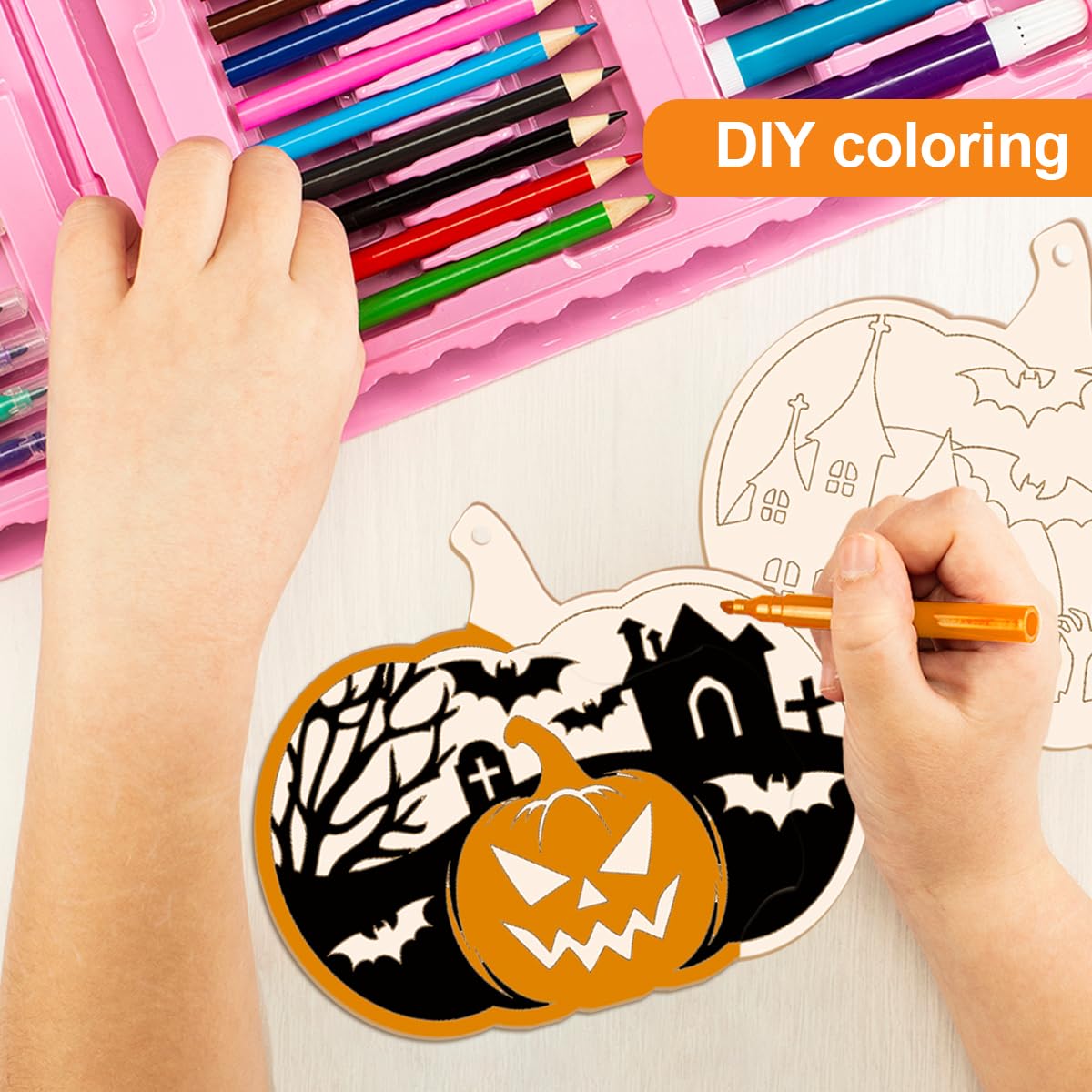 Pumpkin Wood Cutouts-24Pcs Halloween Painting Crafts for Kids DIY Halloween Unfinished Pumpkin Hanging Wooden Ornaments