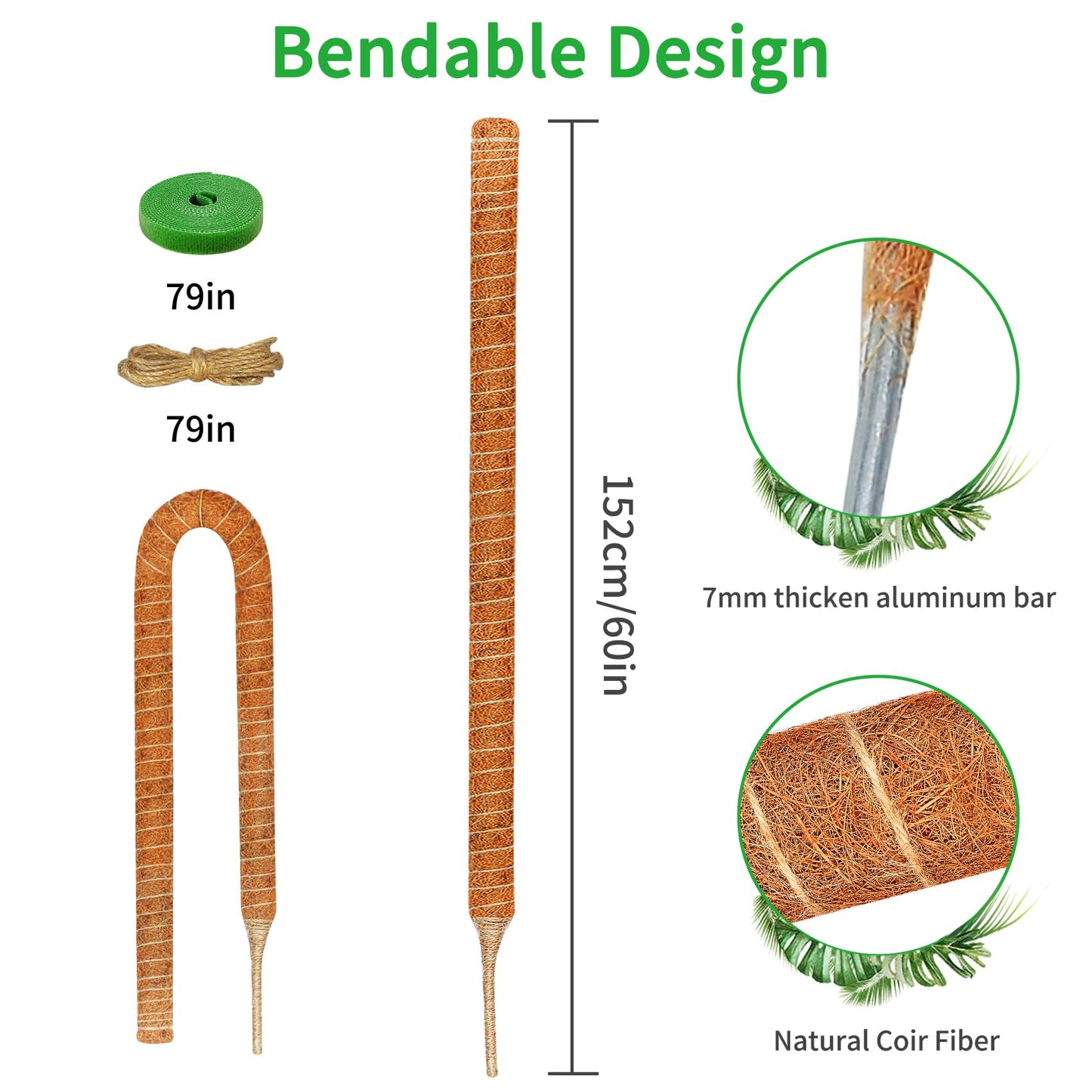 Dimpoo 2 Pack 60 Inch Moss Pole Monstera Plant Support, Coir Moss Poles for Climbing Indoor Plants, Bendable Plant Stake Trellis for Potted Plant, Pothos, Philodendron