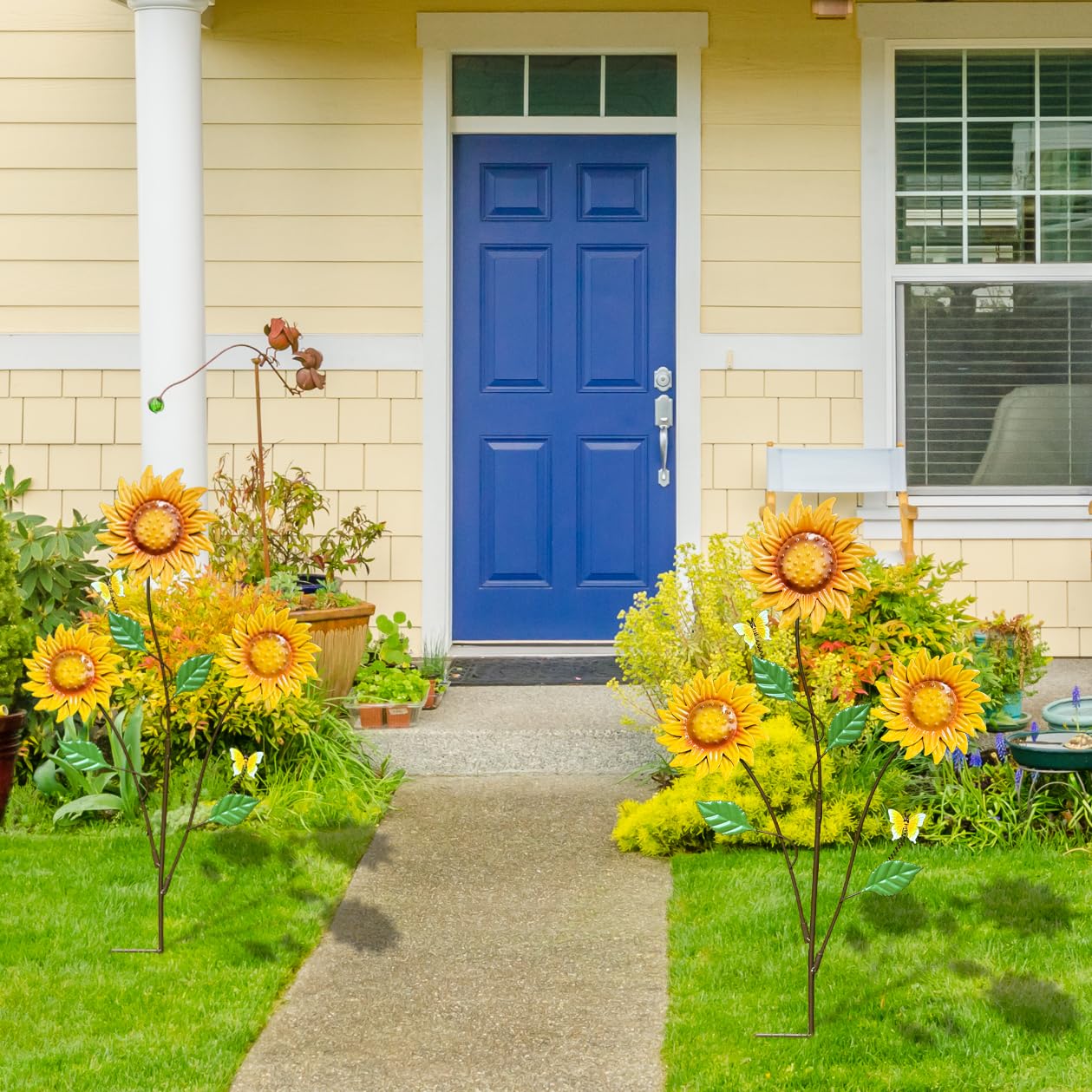 WKHOMEDECO Metal Flowers for Outside, 30-Inch Iron Sunflower Garden Stakes Set of 2, Metal Yard Art Outdoor and Garden, Decorative Garden Stakes for Patio & Lawn Decor (Yellow)