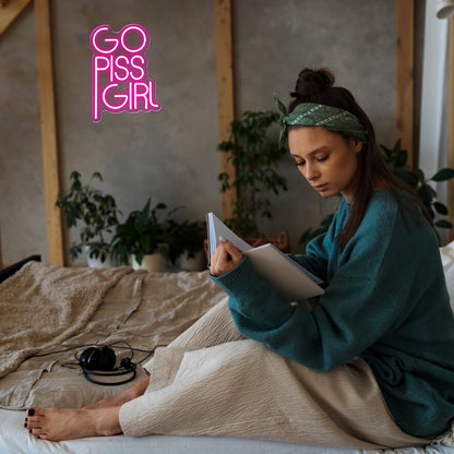 GO PISS GIRL Neon Sign Funny Dimmable LED Light Up Sign Pink Aesthetic Pop Culture Wall Decor for Dorm Room, College Apartment, Bathroom, Party, Birthday Gift, USB Powered(14.5 * 10.6in)