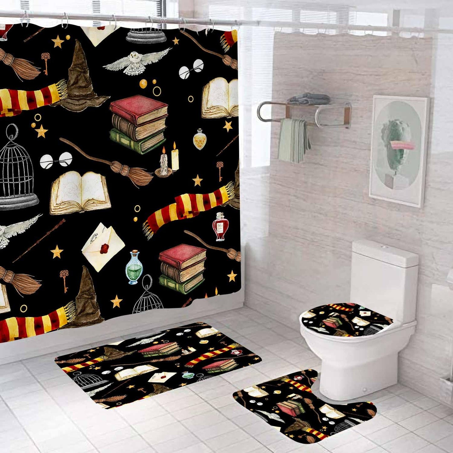 OLEBETY 4PCS Witchy Magical Halloween Shower Curtain Sets With Rugs, Waterproof Fabric Black Shower Curtain, Funny Magic Book Wizard Hat Owl Broom Mysterious Spooky Teen Boys Girls Kids Bathroom Decor