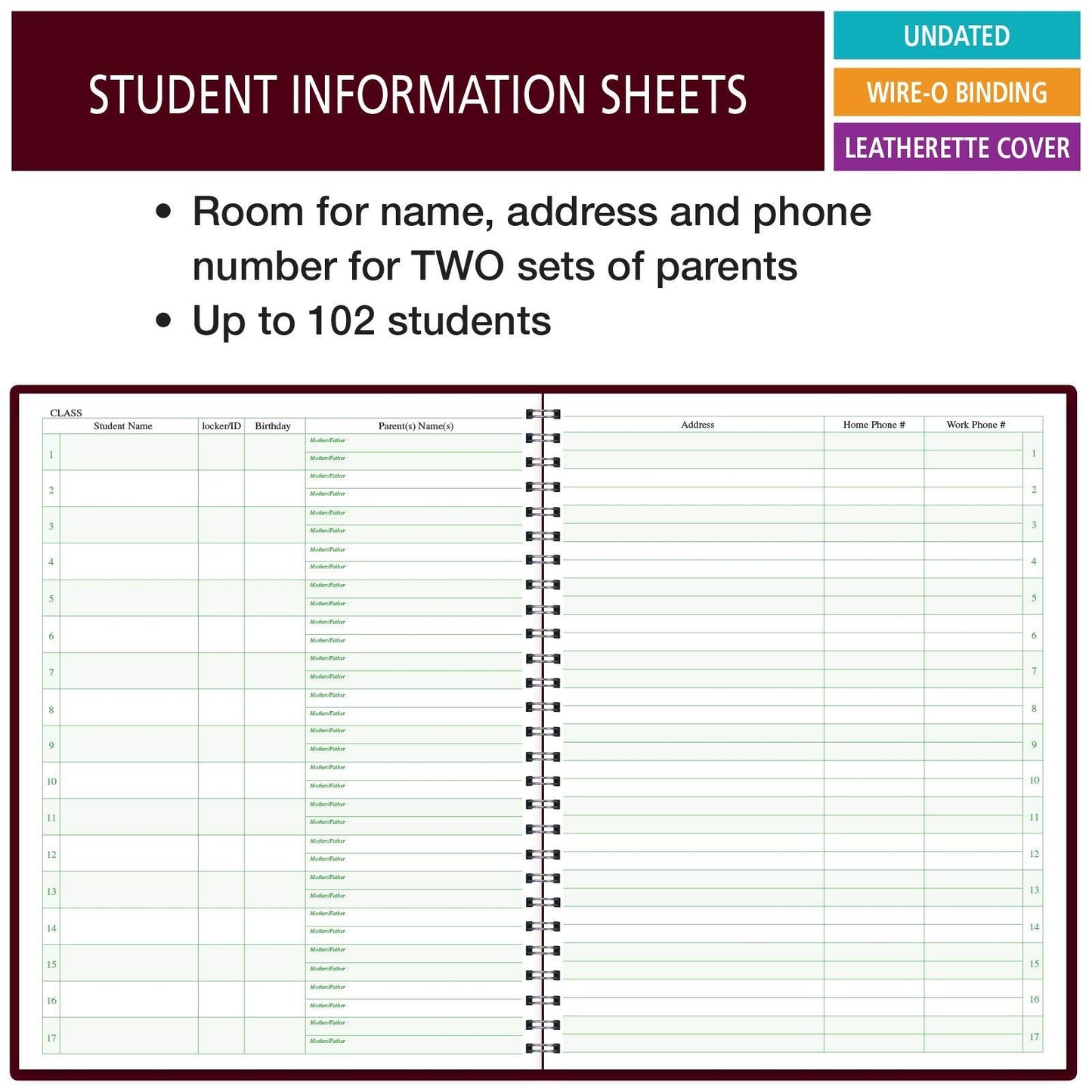 Class Record Book for 9-10 Weeks. 35 Names. Larger Grade Recording Squares. (R1035)