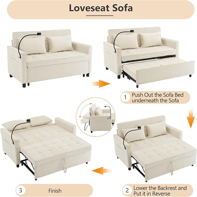 3 in 1 Convertible Sleeper Sofa Bed, 56.9" Small Pull Out Couch Bed