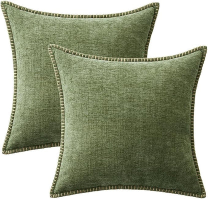 MIULEE Pack of 2 Couch Throw Pillow Covers 22x22 Inch Sage Green Farmhouse Decorative Pillow Covers with Stitched Edge Soft Chenille Solid Dyed Summer Pillow Covers for Sofa Bed Living Room
