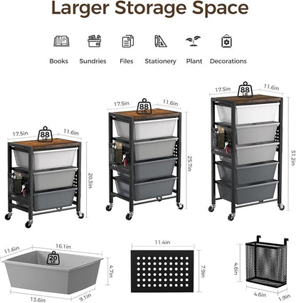 Rolling Cart with 4 Drawers, Plastic Drawer Storage Carts with Wheels & Wooden Tabletop, Metal Utility Cart with Pegboards, Office Living Room Classroom Craft Organization and Storage, Dark Grey