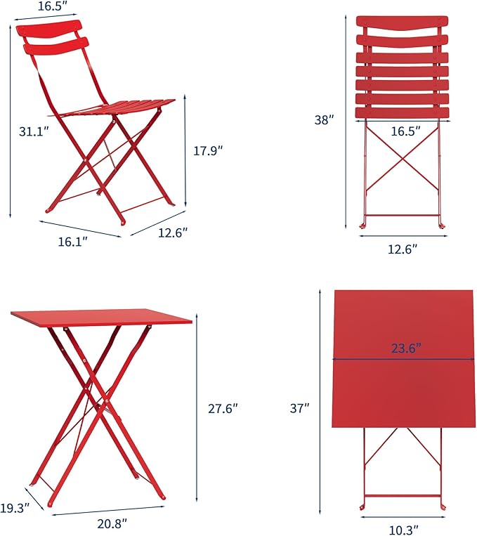 GarveeLife 3 Piece Patio Bistro Set, Folding Patio Bistro Table and Chairs Set