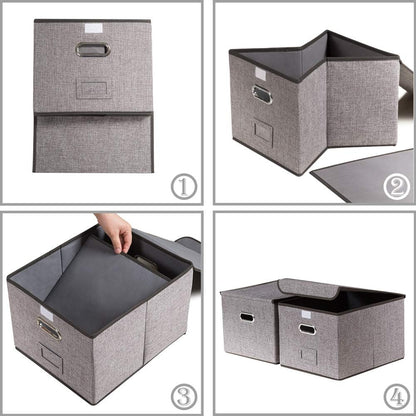 PRANDOM File Organizer Box - Set of 4 Collapsible Decorative Linen Filing Storage Hanging File Folders with Lids Office Cabinet Letter Size (15x12.2x10.75 inch)