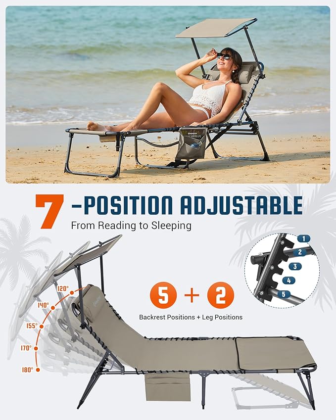 KingCamp Lounge Chair with face Hole & Canopy Shade, 400LBS Folding Portable