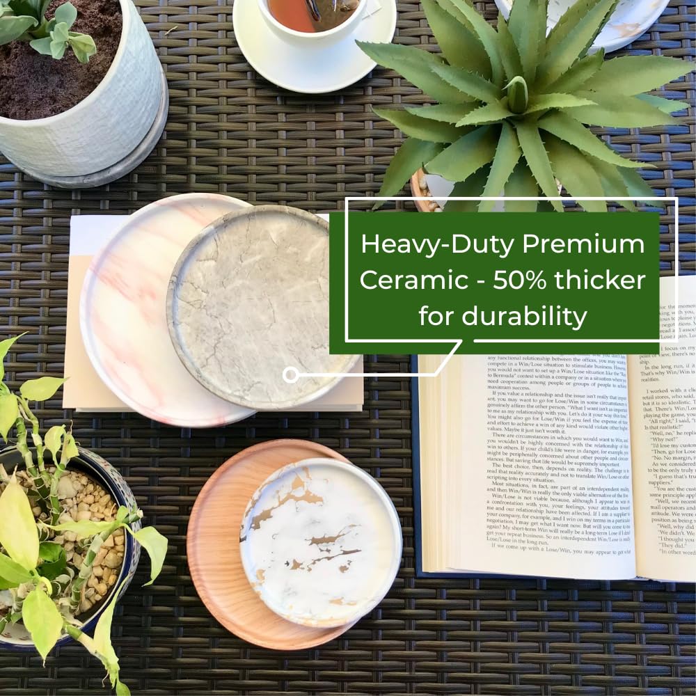 Ceramic Plant Saucer | Plant Trays for Indoors | Drip Tray | Plant Pot Saucers (4.5in + 5.75in, Wooden Grain)