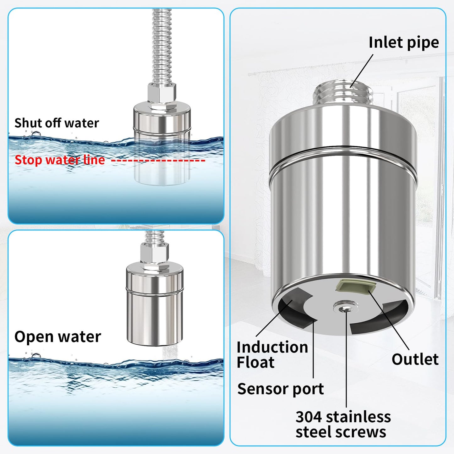 304 Stainless Steel Float Valve for Water Tank – Automatic Water Level Control, 1/2" NPT Thread, No Electricity Needed, Full Water Shutoff for Livestock Troughs, Pools, and Stock Tanks