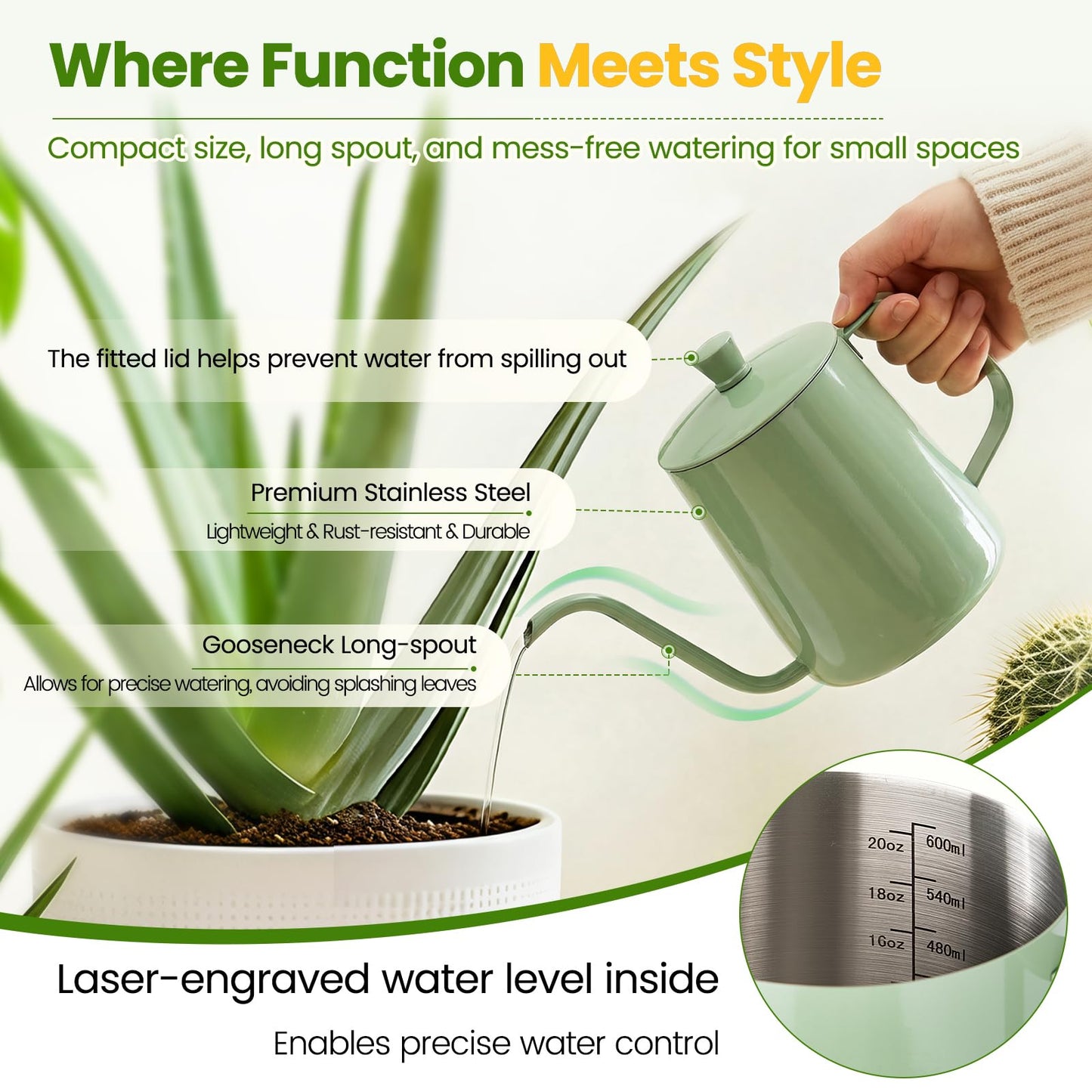 Sincengel Watering Can for Indoor Plants, 20 oz Metal Small Plant Watering Can with Long Spout for House Plants, 13.5 oz Glass Plant Mister Spray Bottle for Bonsai Garden Flowers Decorative (Green)