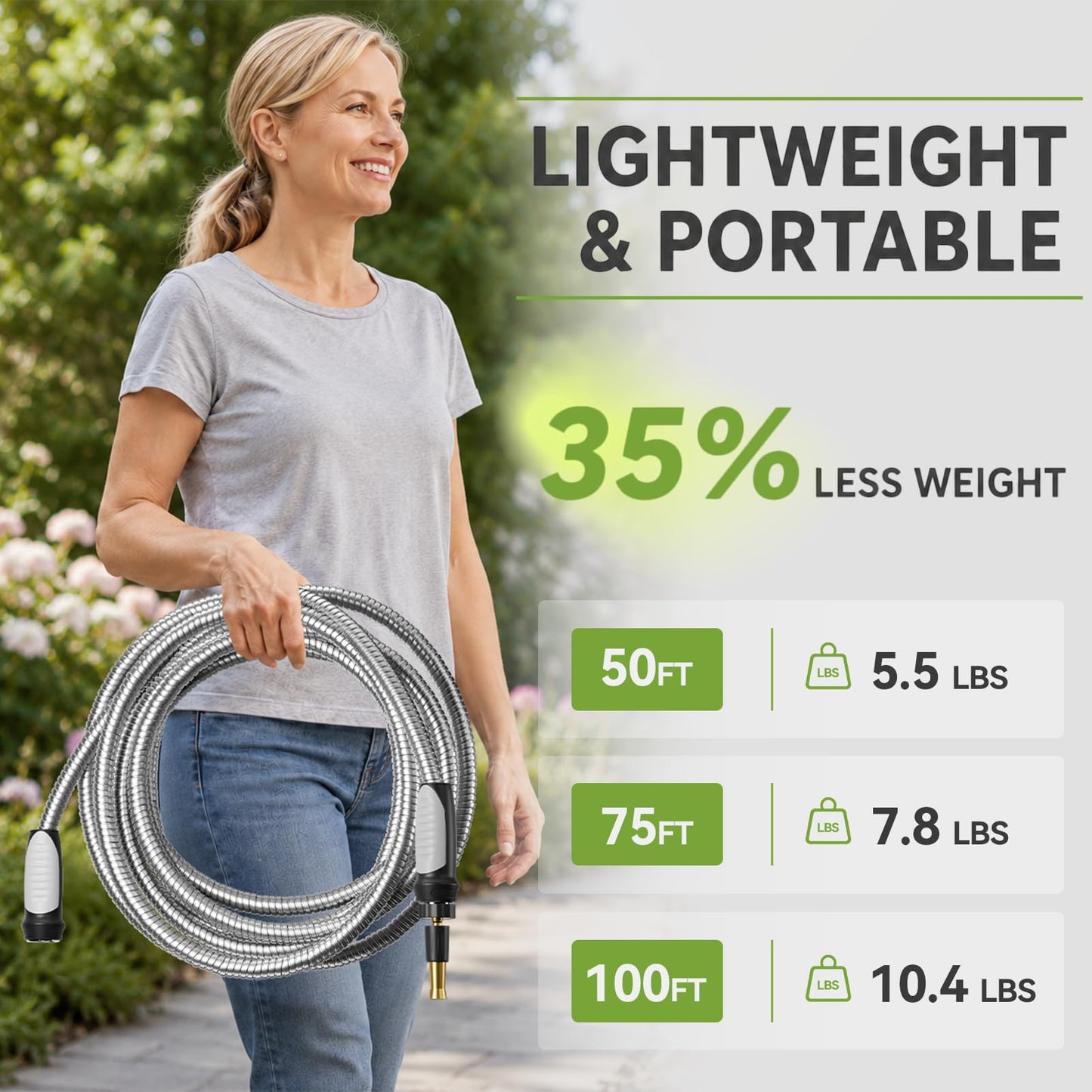 SPECILITE Expandable Garden Hose 50 FT, 304 Stainless Steel Heavy Duty Metal Water Pipe with Adjustable Nozzle - Flexible, Kink Free, Leak-Proof, Lightweight, for Outdoor, Yard, Lawn, Car Washing