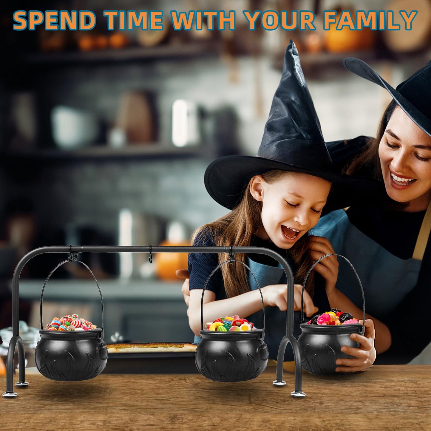 Kendane Easter Decorations Indoor,Set of 3 Witches Cauldron Candy Serving Bowls on Rack, Party Decorations,Black Plastic Candy Cauldron for Table Decor,Easter Candy for Kids