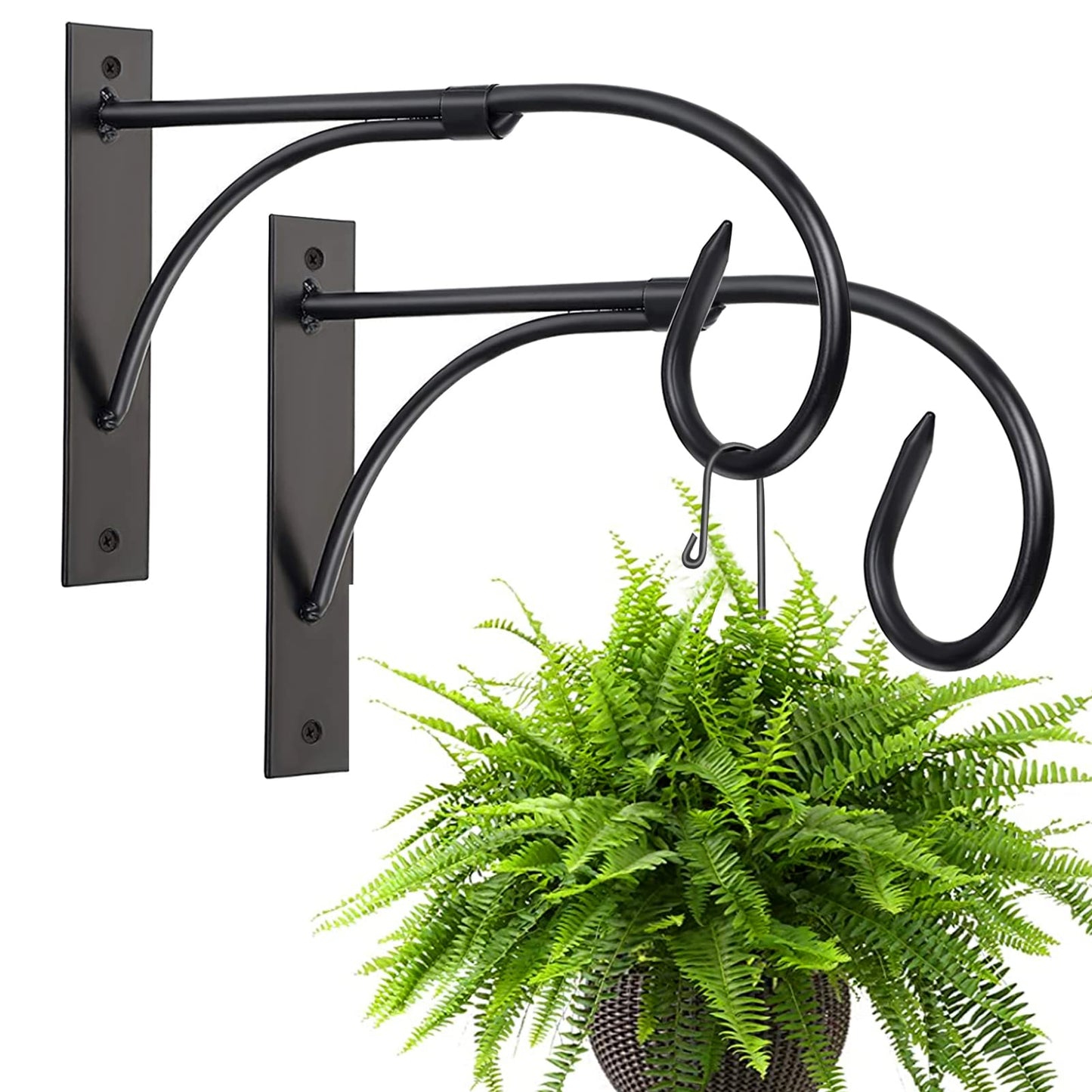 Iron Hanging Basket Brackets, 2 Pcs 11 Inch Durable Weather-Resistant Outdoor Plant Hooks for Hanging Plant Lantern Windchime Birdhouse Metal Sign Fruit Bracket, Screw Included