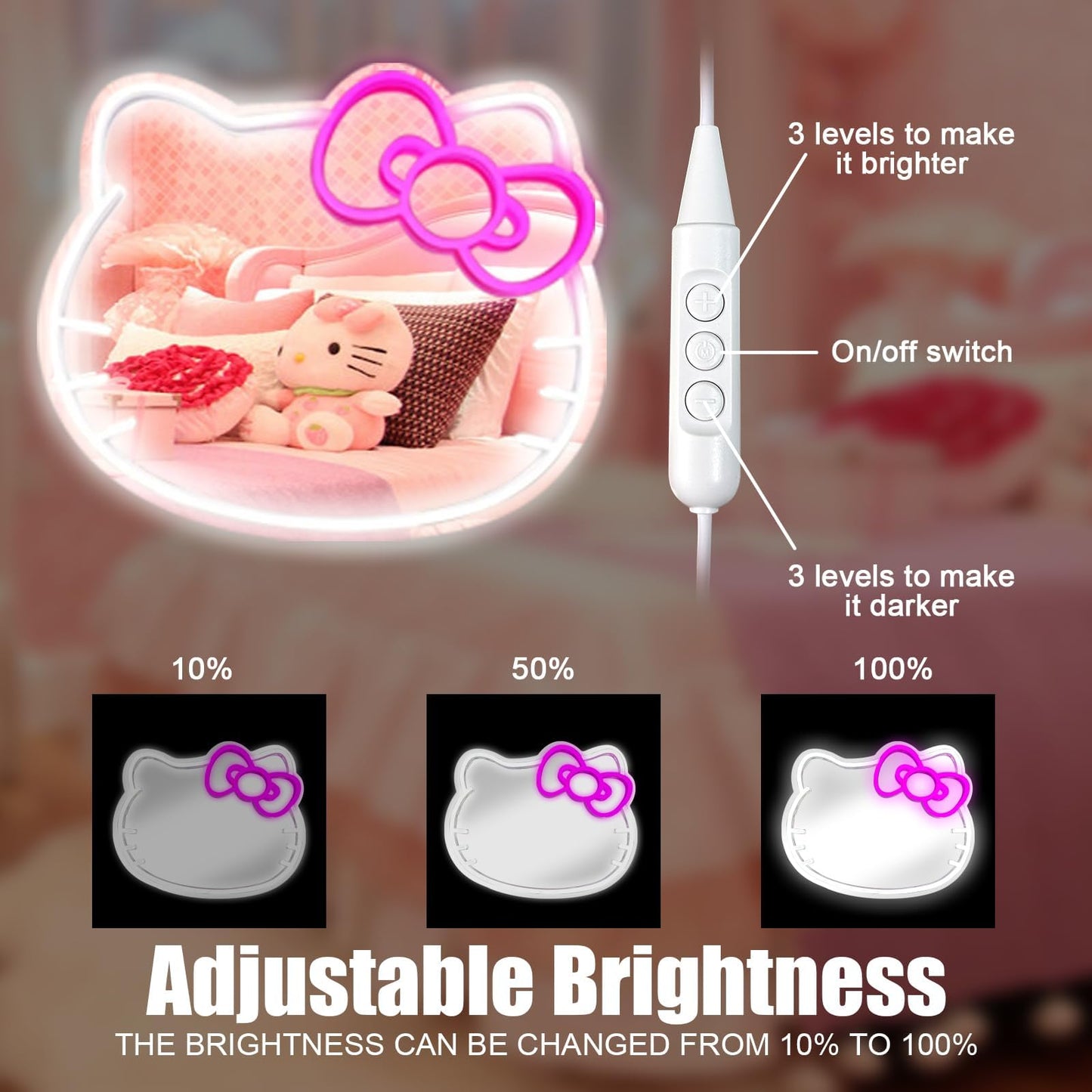 Anime Hello Kit Mirror with Light Neon Signs for Wall Decor, Dimmable for Teen Girl Gift，Makeup Mirror neon Sign Room Decor (16.1 * 14 inch)