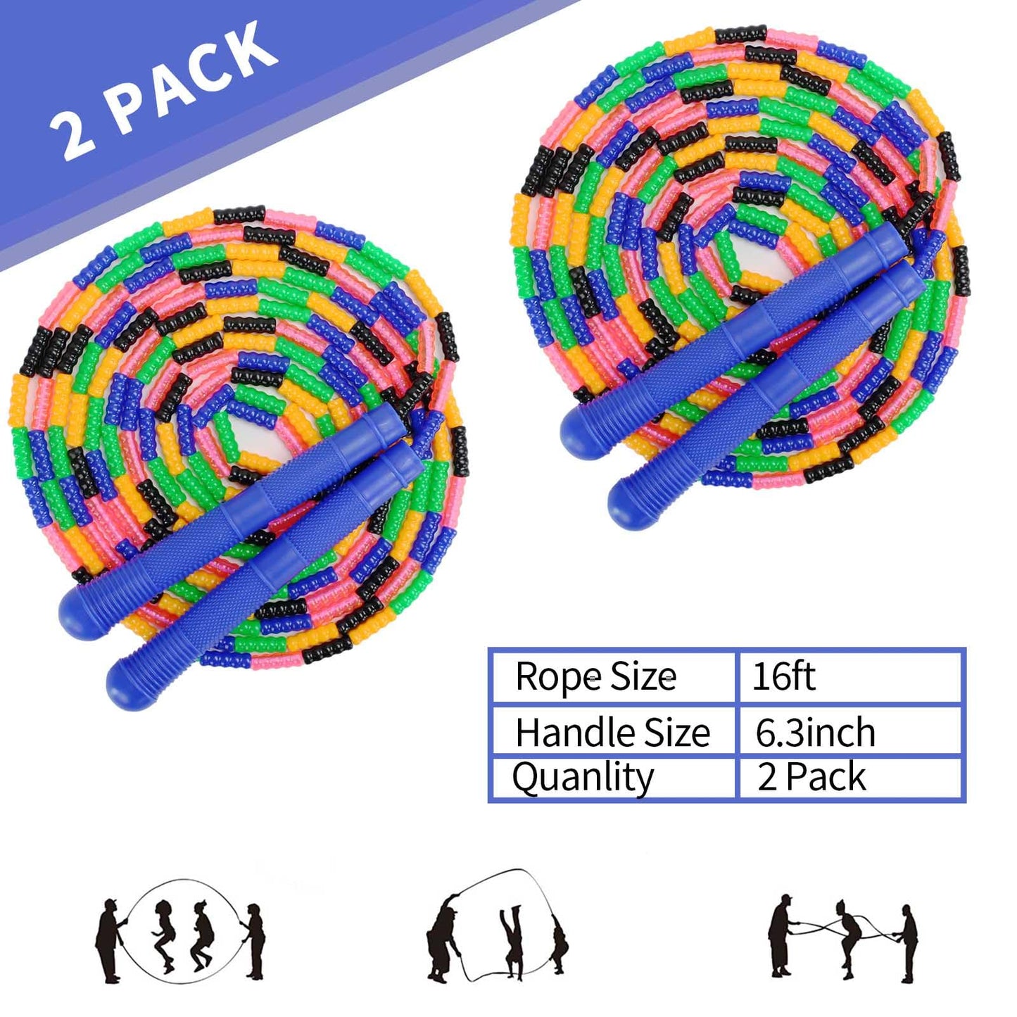 Double Dutch Jump Rope 16 ft 2 Pack, Adjustable Long Skipping Rope with Wooden Handle, Multiplayer Team Jumping Rope for Kids Adults, Long Enough for 5-6 Jumpers